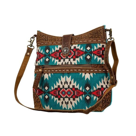 Myra Bag Handmade Tribe Shoulder Bag Upcycled Canvas & Cowhide Leather - Picture 2 of 14